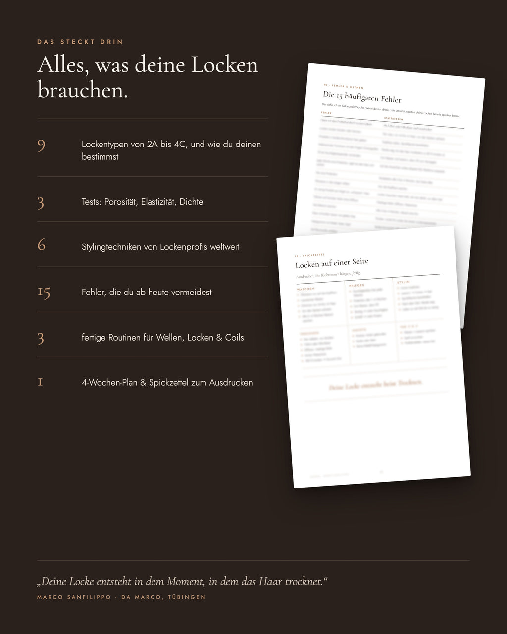Inhalt des Locken-Guides: 9 Lockentypen, 6 Techniken, 15 Fehler, Routinen