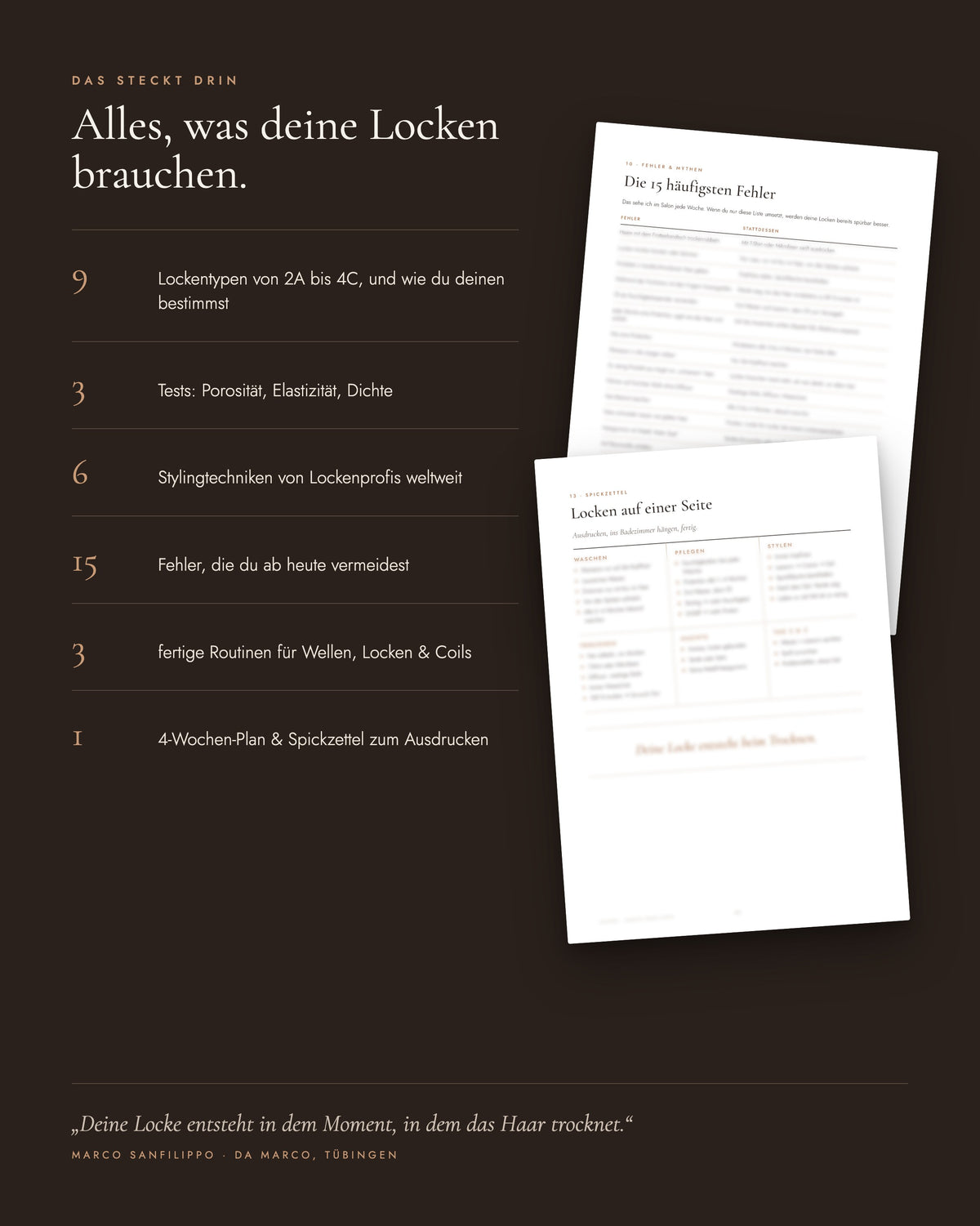 Inhalt des Locken-Guides: 9 Lockentypen, 6 Techniken, 15 Fehler, Routinen